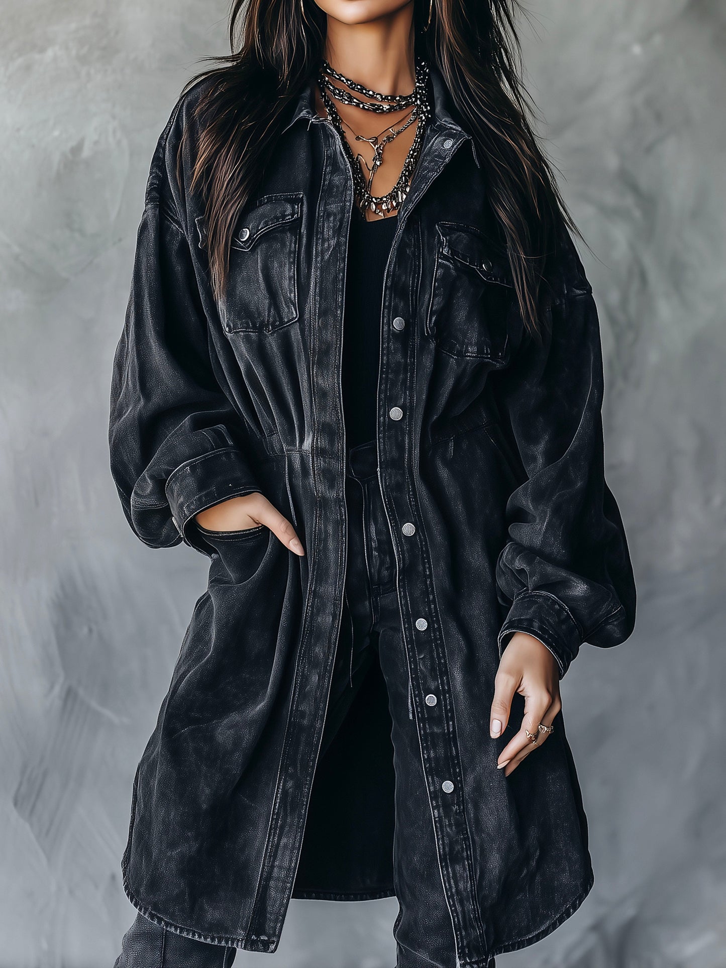 Classic Black Washed Denim Longline Utility Shirt Jacket