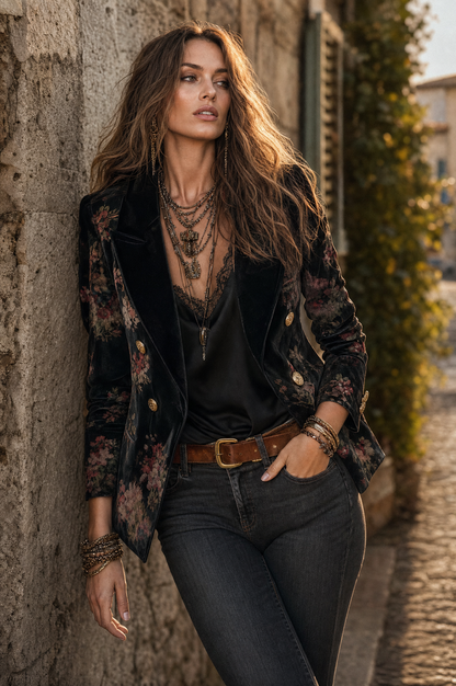 Quiet Luxury Velvet Printed Lapel Slim-fit Blazer WithButton Details