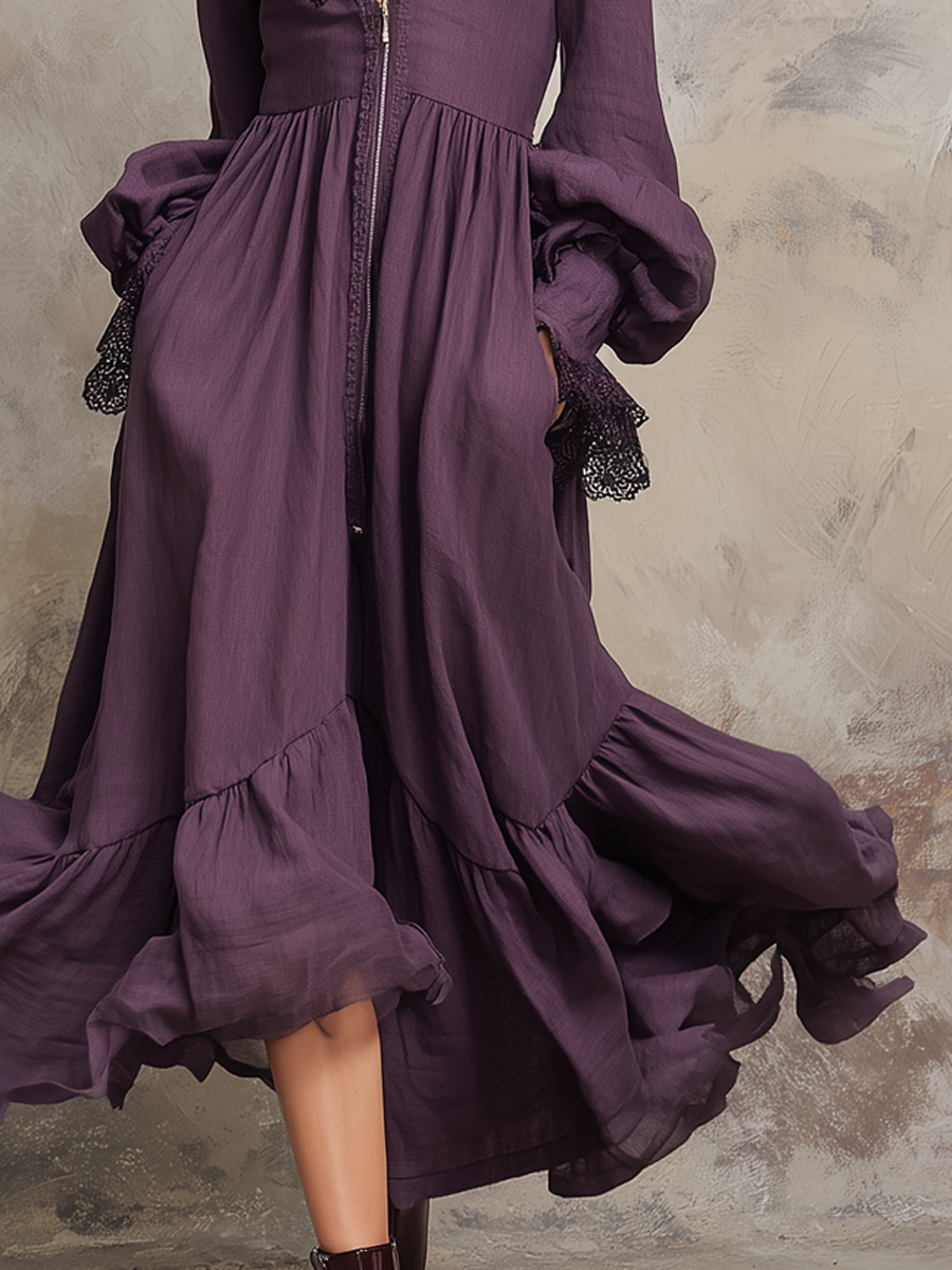 Retro Floral Embroidery Zipper Neck Midi Dress