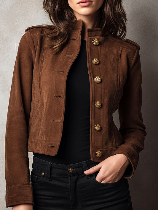 Vintage Military-Inspired Suede Short Jacket With Gold Buttons