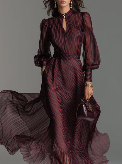 Retro Striped Keyhole Collar Organza Maxi Dress