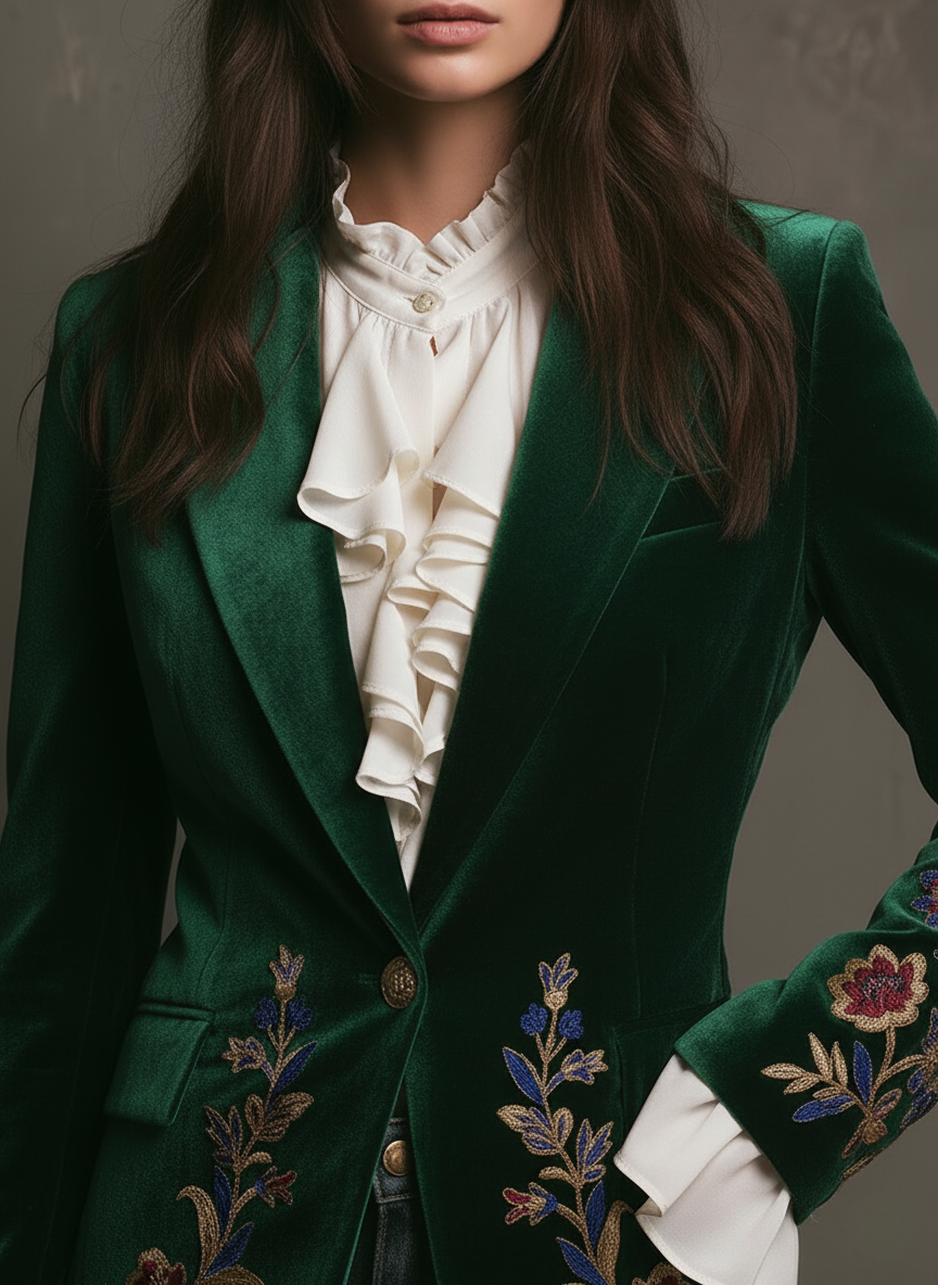 Elegant Embroidered Emerald Velvet Blazer