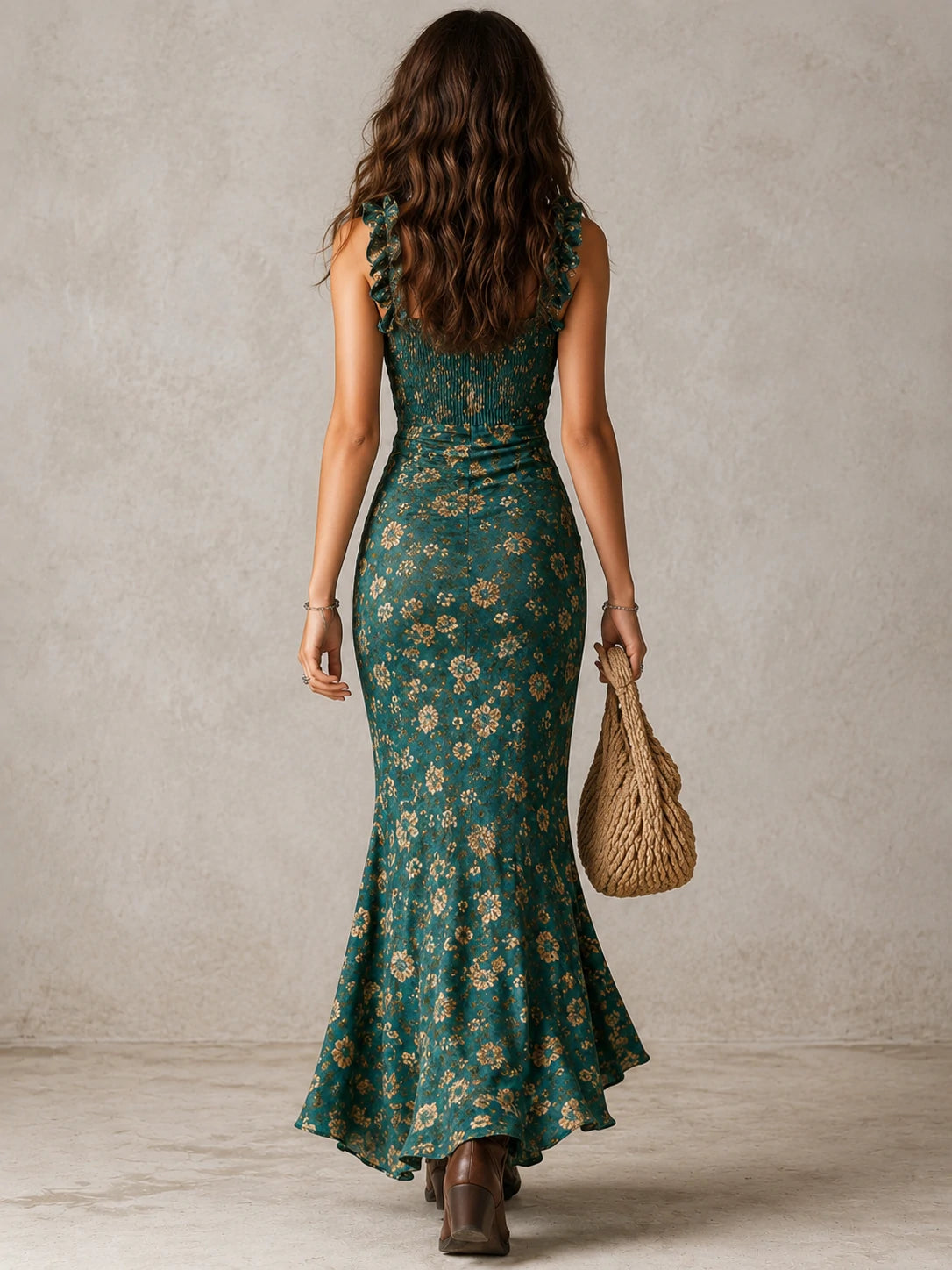 Bohemian Ruffled Sleeve High Slit Maxi Dress