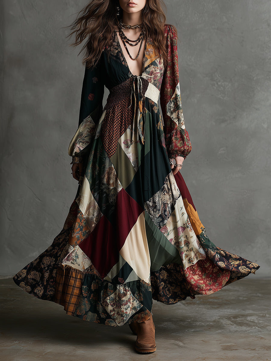 Elegant Win Over Waist Vintage Printed Cotton Blend Maxi Dress