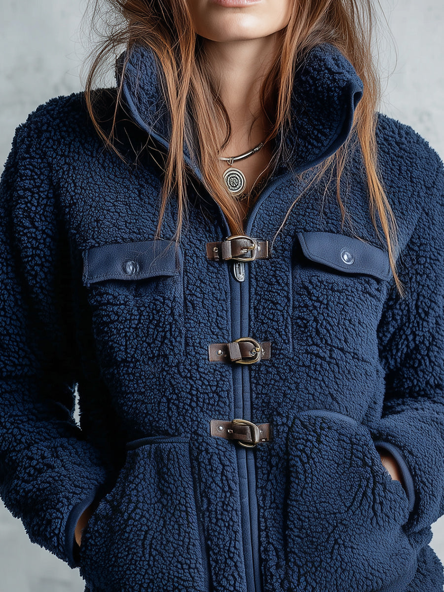 Comfortable Polar Fleece Horn-buttoned Straight Jacket