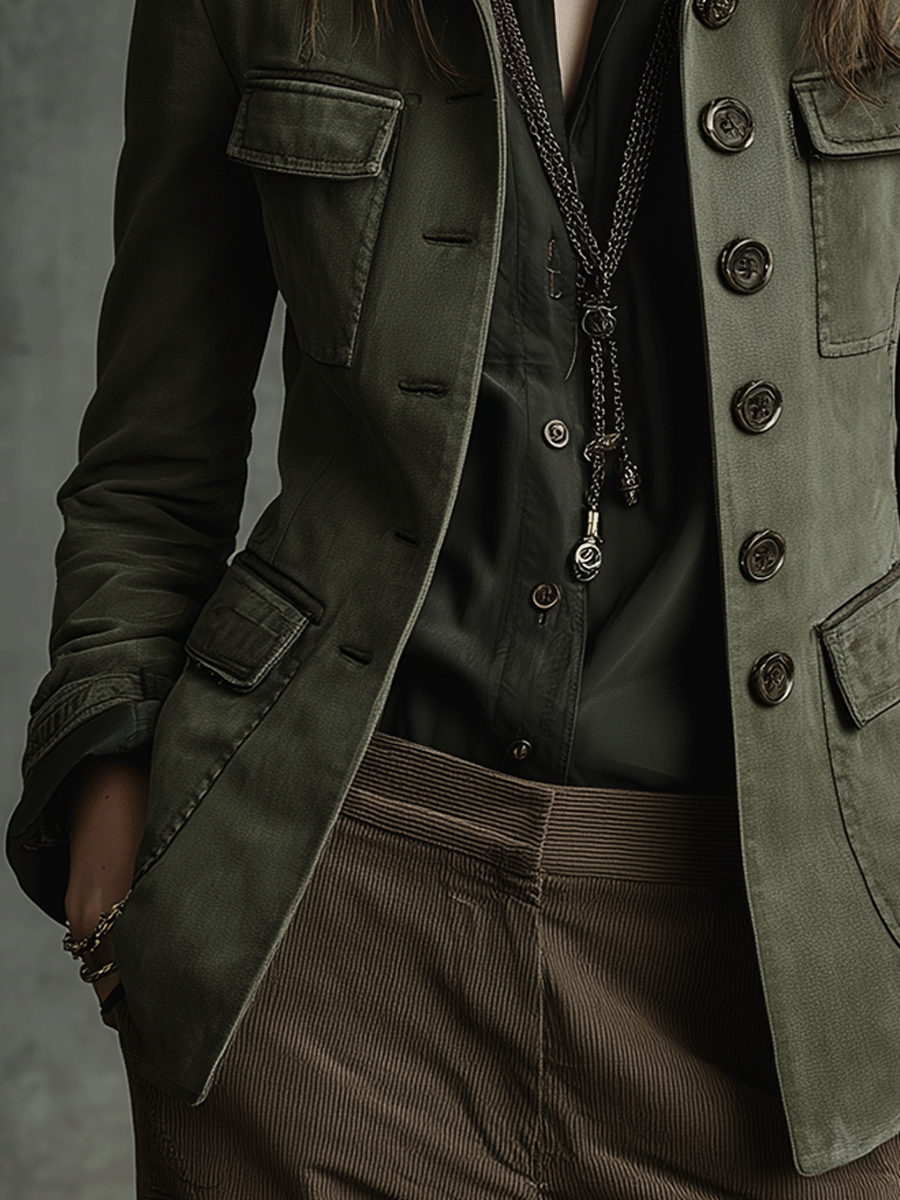 Structured Utility Olive Green Military-Inspired Tailored Jacket