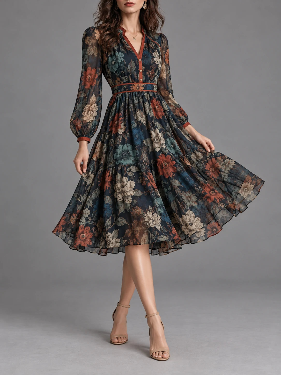 Vintage Floral V-Neck Swing Midi Dress