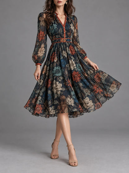 Vintage Floral V-Neck Swing Midi Dress