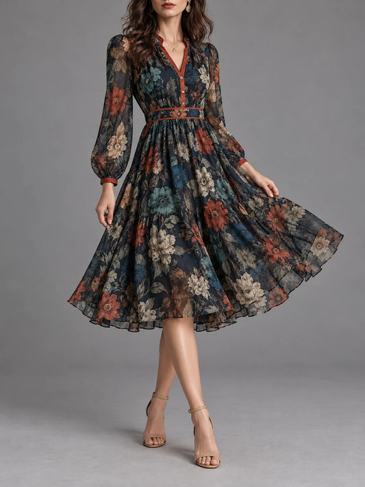 Vintage Floral V-Neck Swing Midi Dress