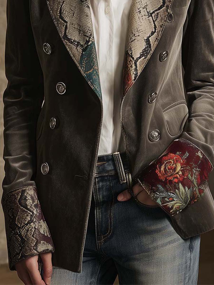Velvet Blazer With Printed Lapels And Cuffs
