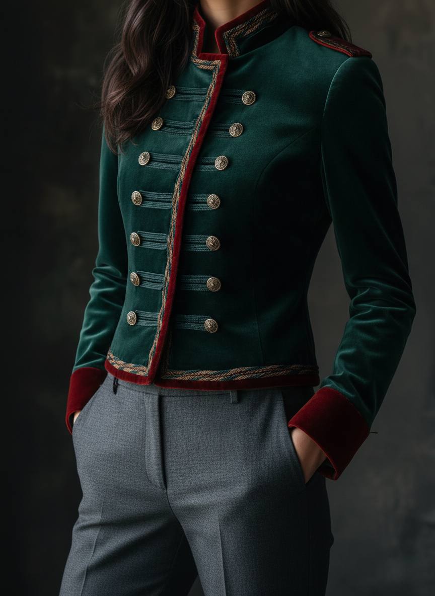 Elegant Emerald Velvet Military Style Jacket with Gold Buttons