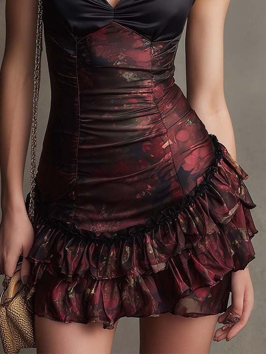 Vintage Glam Printed Satin Ruffle Hem Mini Dress