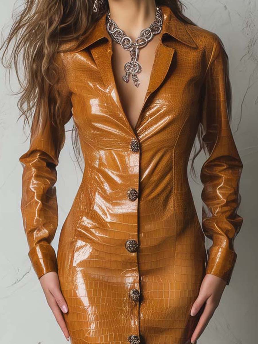 Retro Modern Caramel Eco-Croco Embossed Leather Shirt Dress
