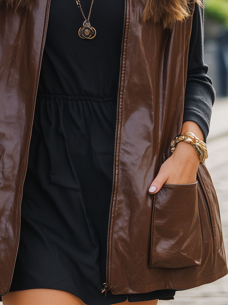 Retro Cap Sleeve Patch Pocket Straight PU Vest
