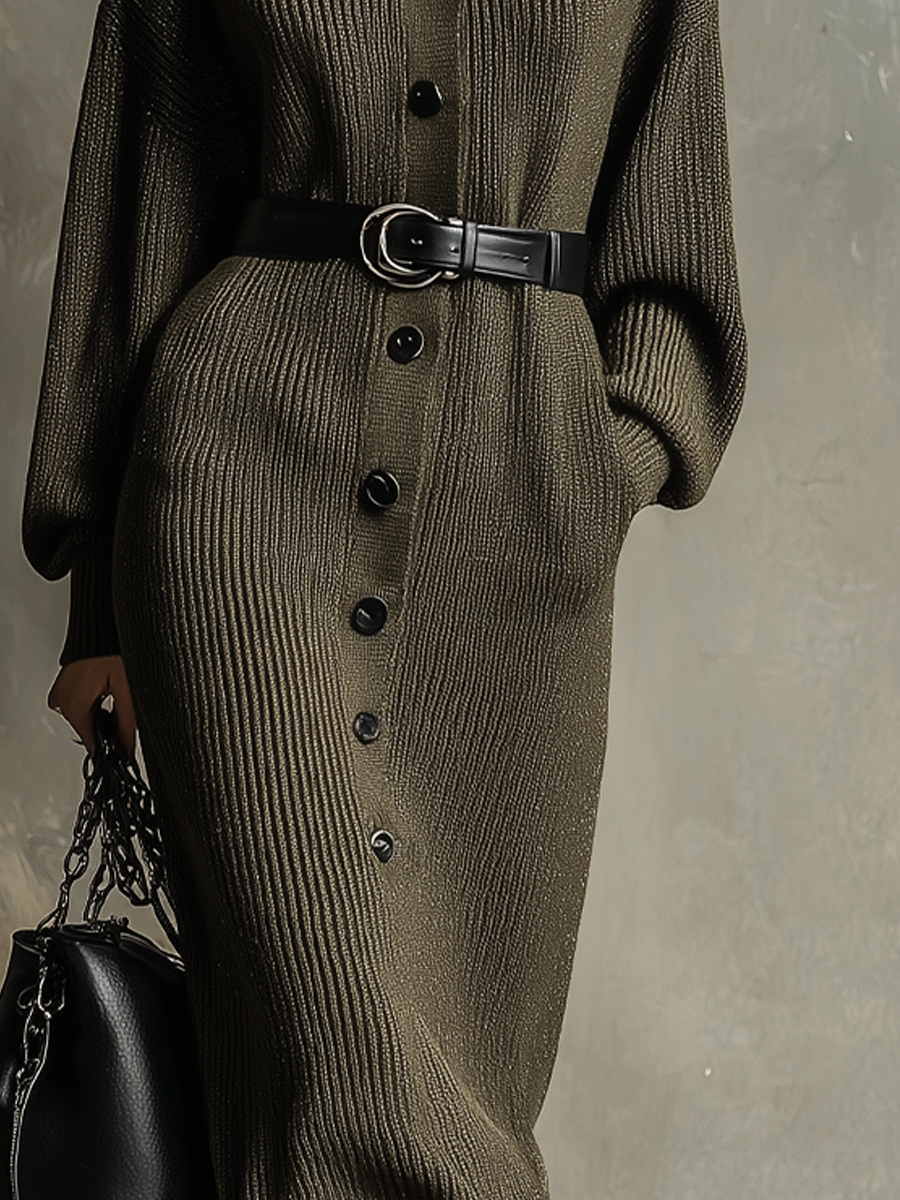 Retro High-neck Contrast Buttons Knitted Midi Dress