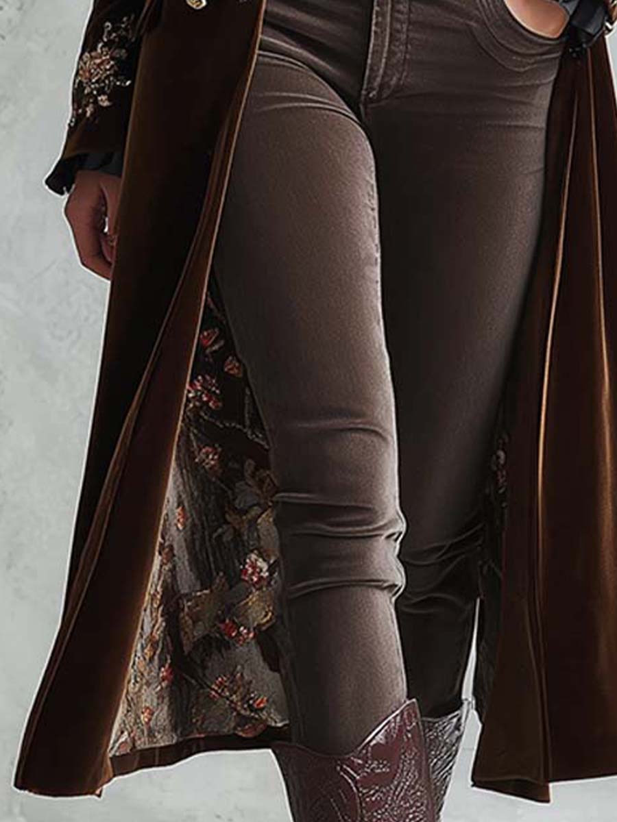 Chocolate Velvet Embroidered Long Coat With Gold Buttons