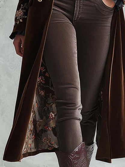 Chocolate Velvet Embroidered Long Coat With Gold Buttons