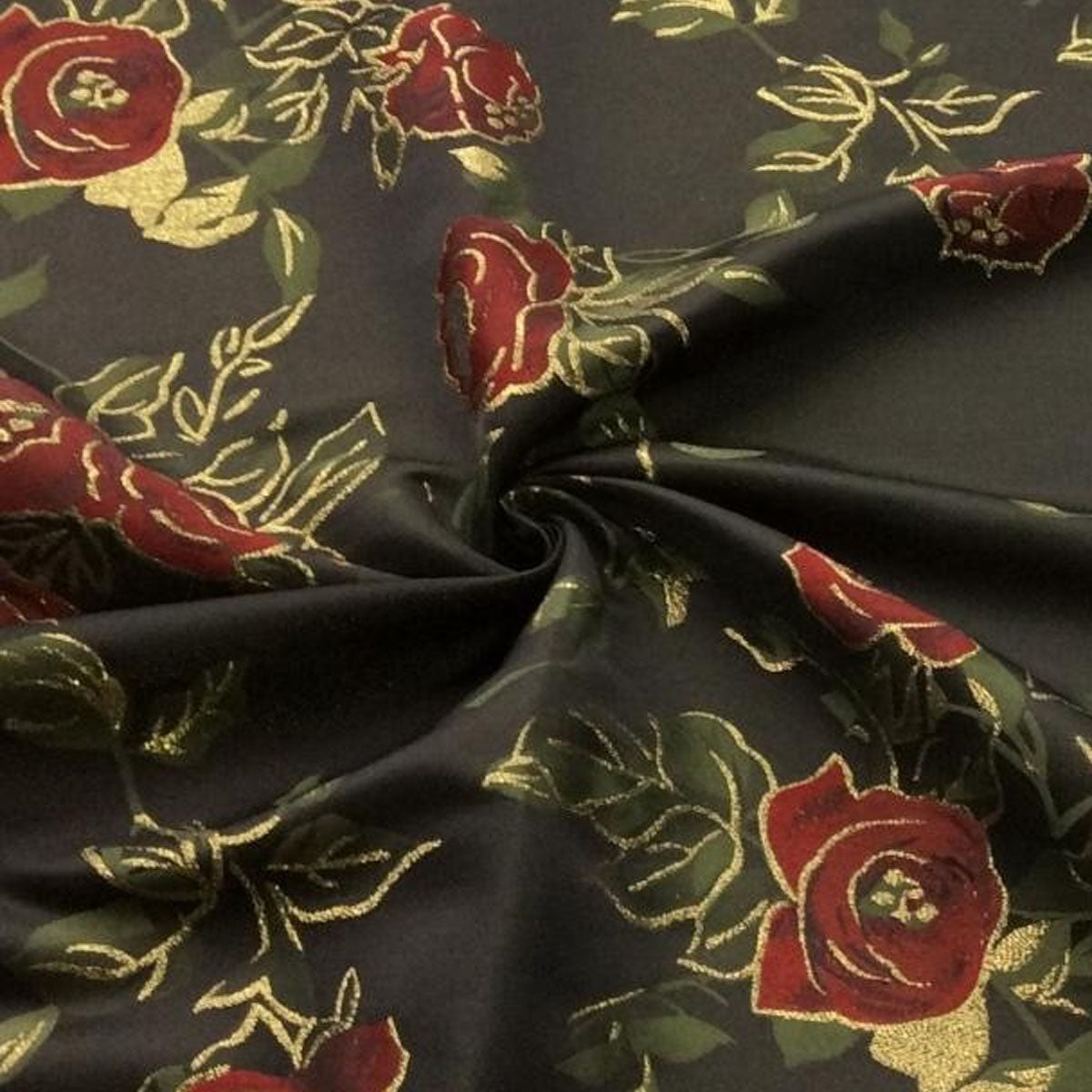 Elegant Black Rose Jacquard Satin Fit-and-Flare Midi Dress