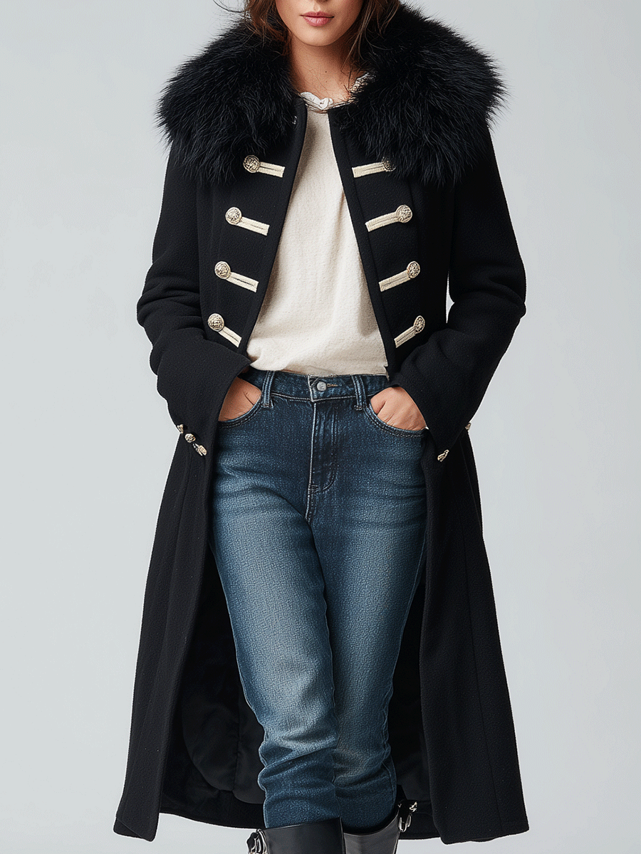 Vintage Black Double-Breasted Contrast Faux Fur Long Coat