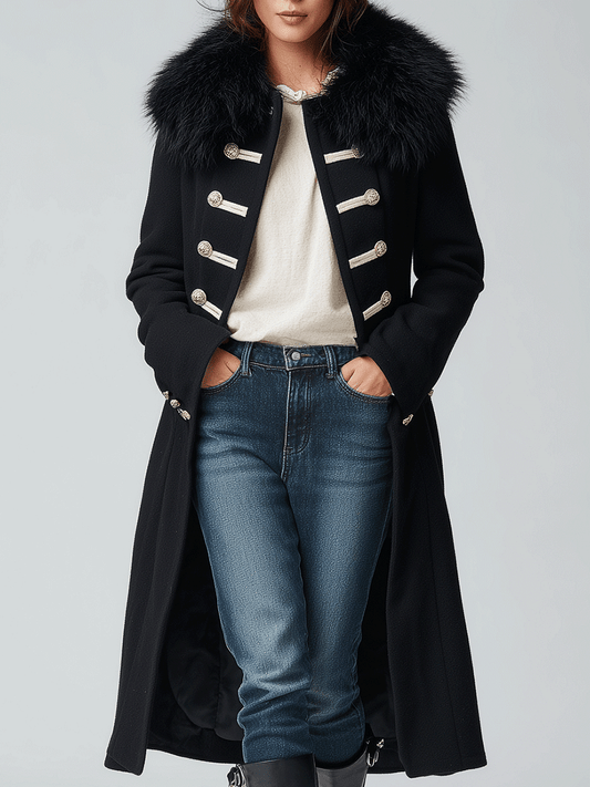 Vintage Black Double-Breasted Contrast Faux Fur Long Coat