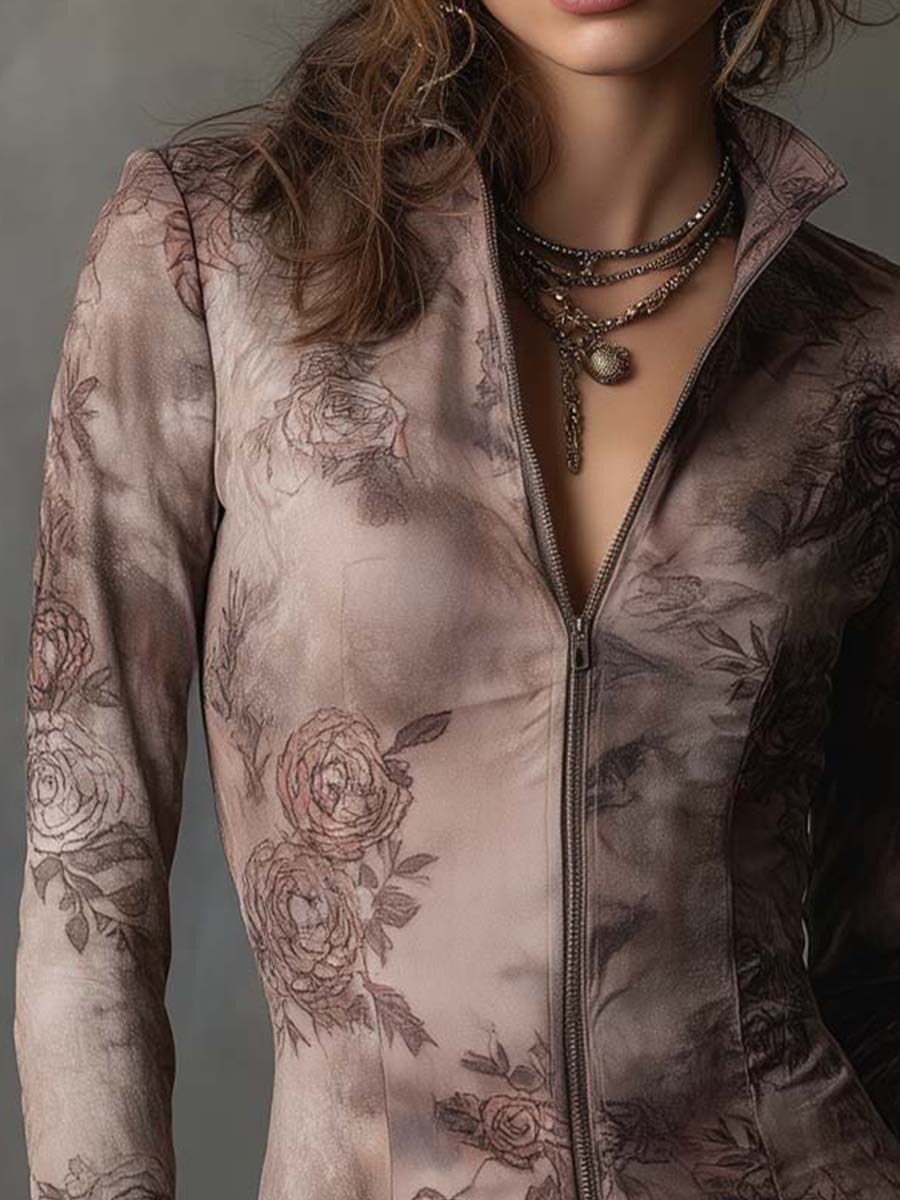 Eco-Suede Rose-Print Fitted Zip Jacket — Desert Botanical Edition