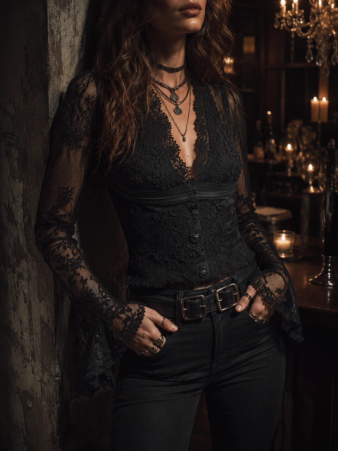 Elegant Black Lace Victorian Corset Blouse