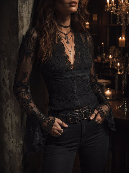 Elegant Black Lace Victorian Corset Blouse
