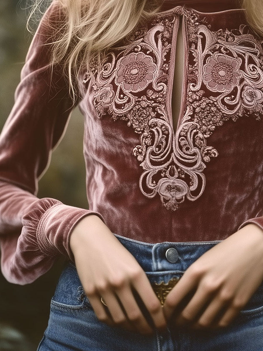 Vintage Cuffs Rose Velvet Embroidered Keyhole Blouse