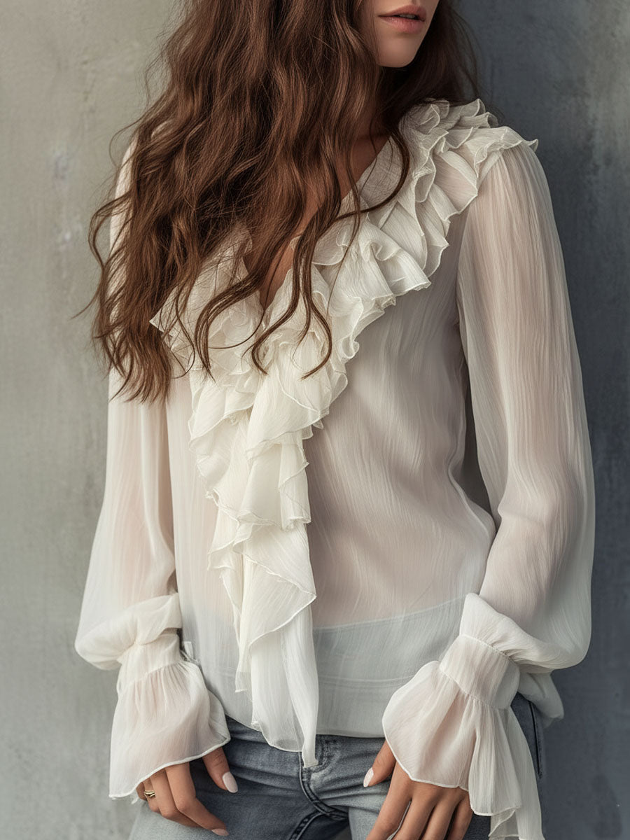 Romantic Ivory Ruffle Front Chiffon Blouse