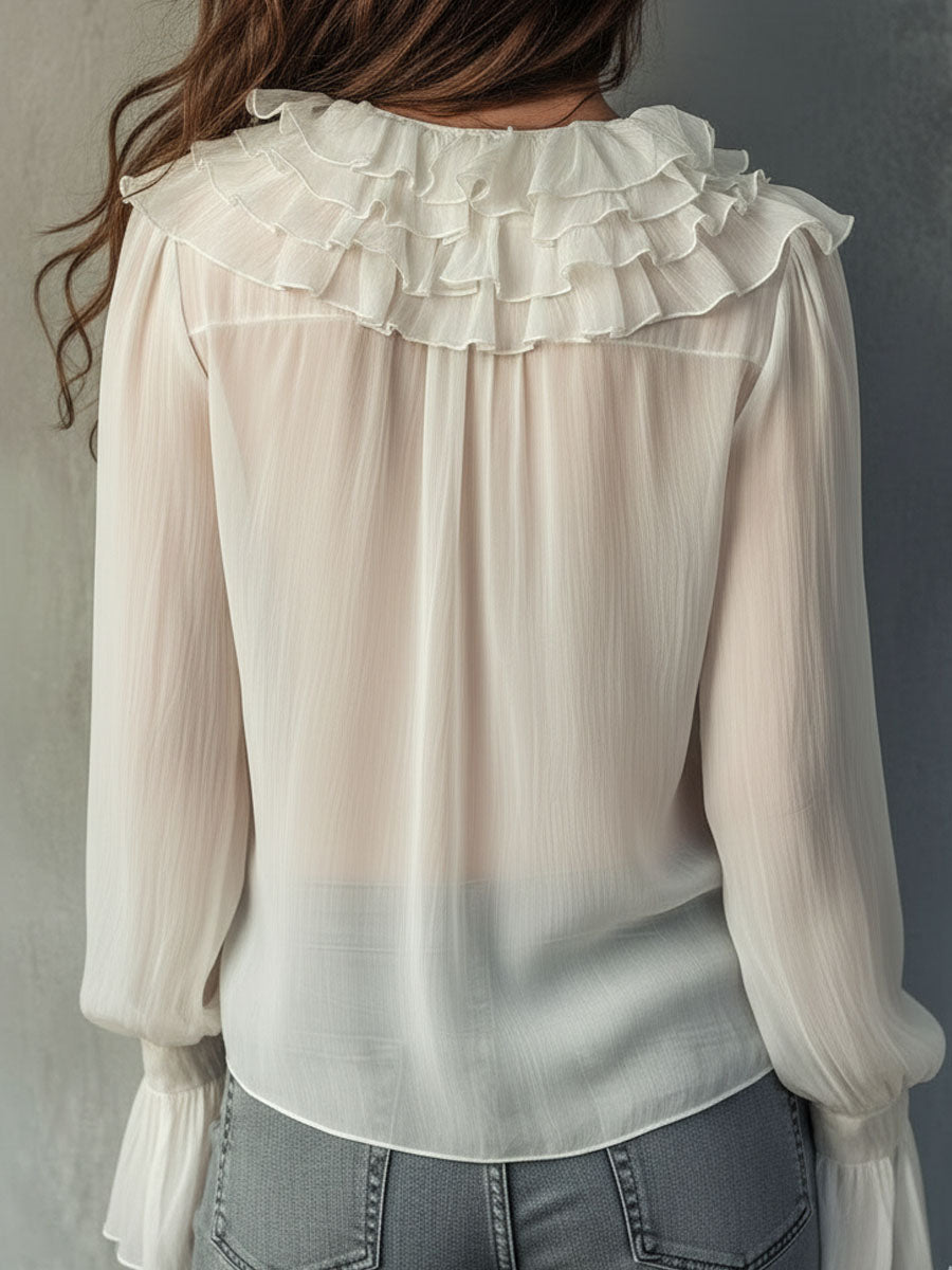 Romantic Ivory Ruffle Front Chiffon Blouse