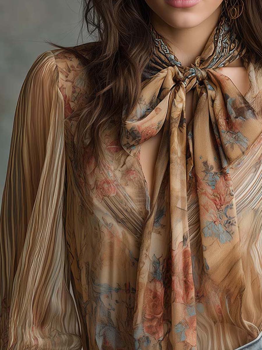 Vintage Floral Bow-Tie Blouse
