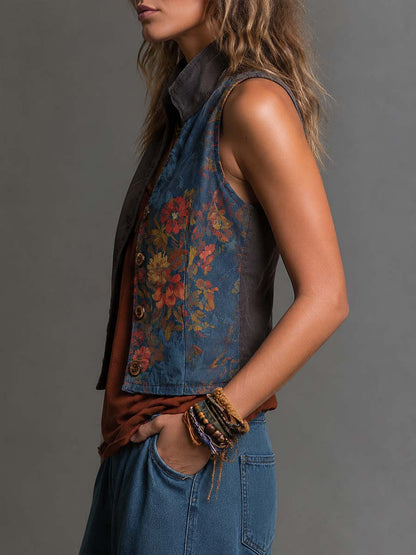 Boho Floral Patchwork Button-Front Vest