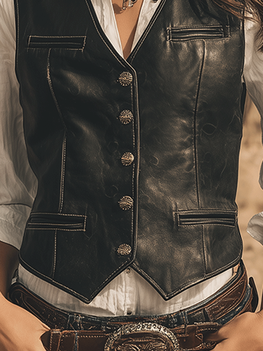 Western Black Faux Leather Vest