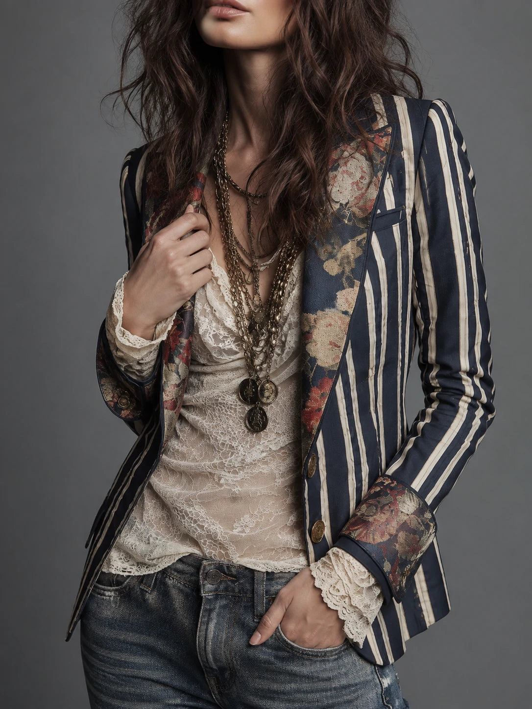 Bohemian Floral Print Cotton And Linen Striped Blazer