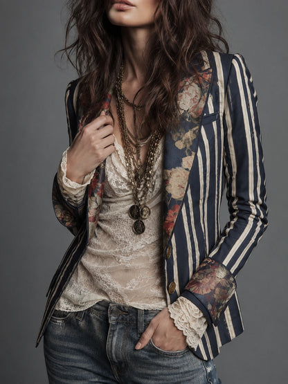 Bohemian Floral Print Cotton And Linen Striped Blazer