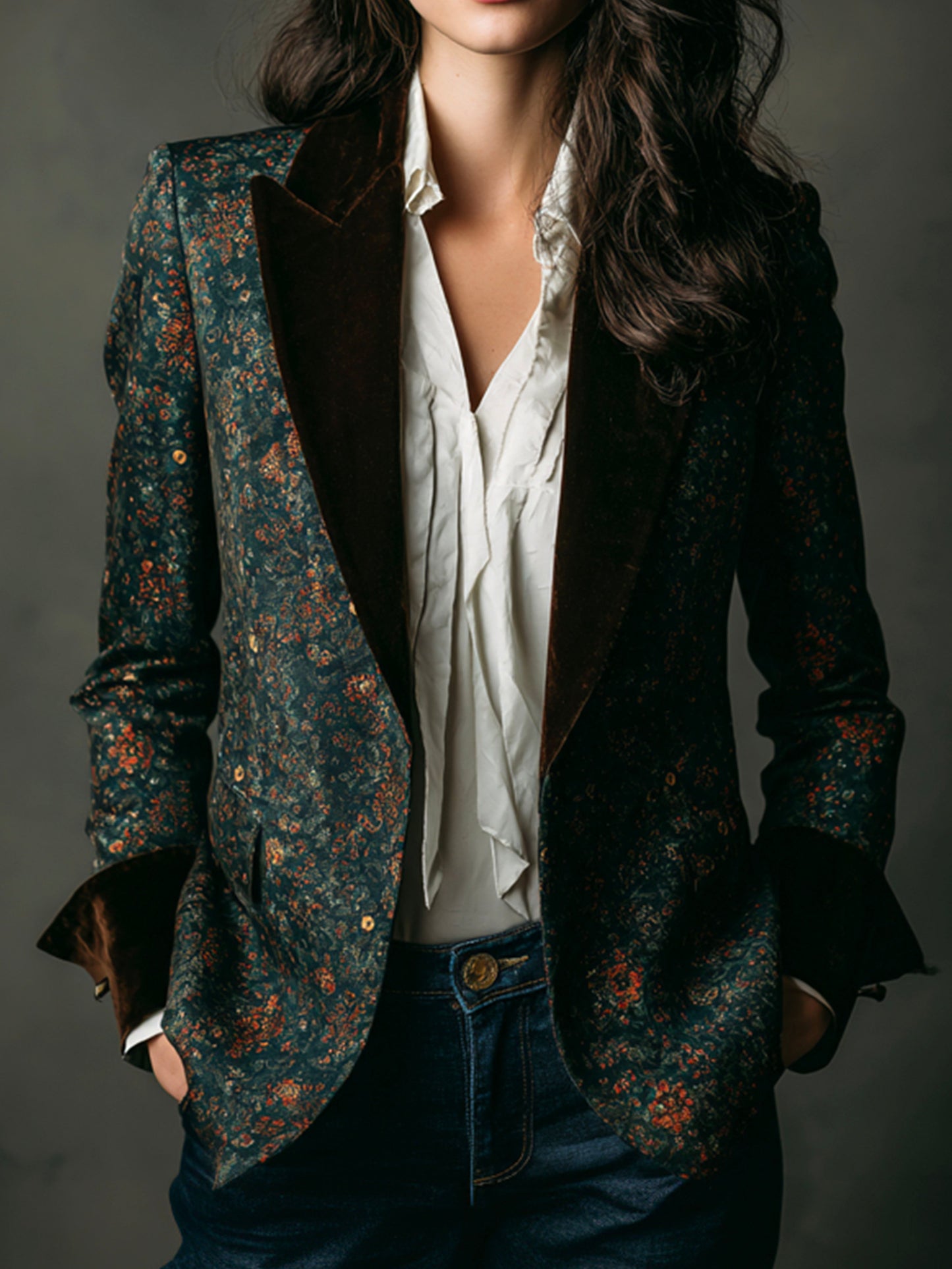 Vintage Emerald Floral Print Blazer With Velvet Lapels