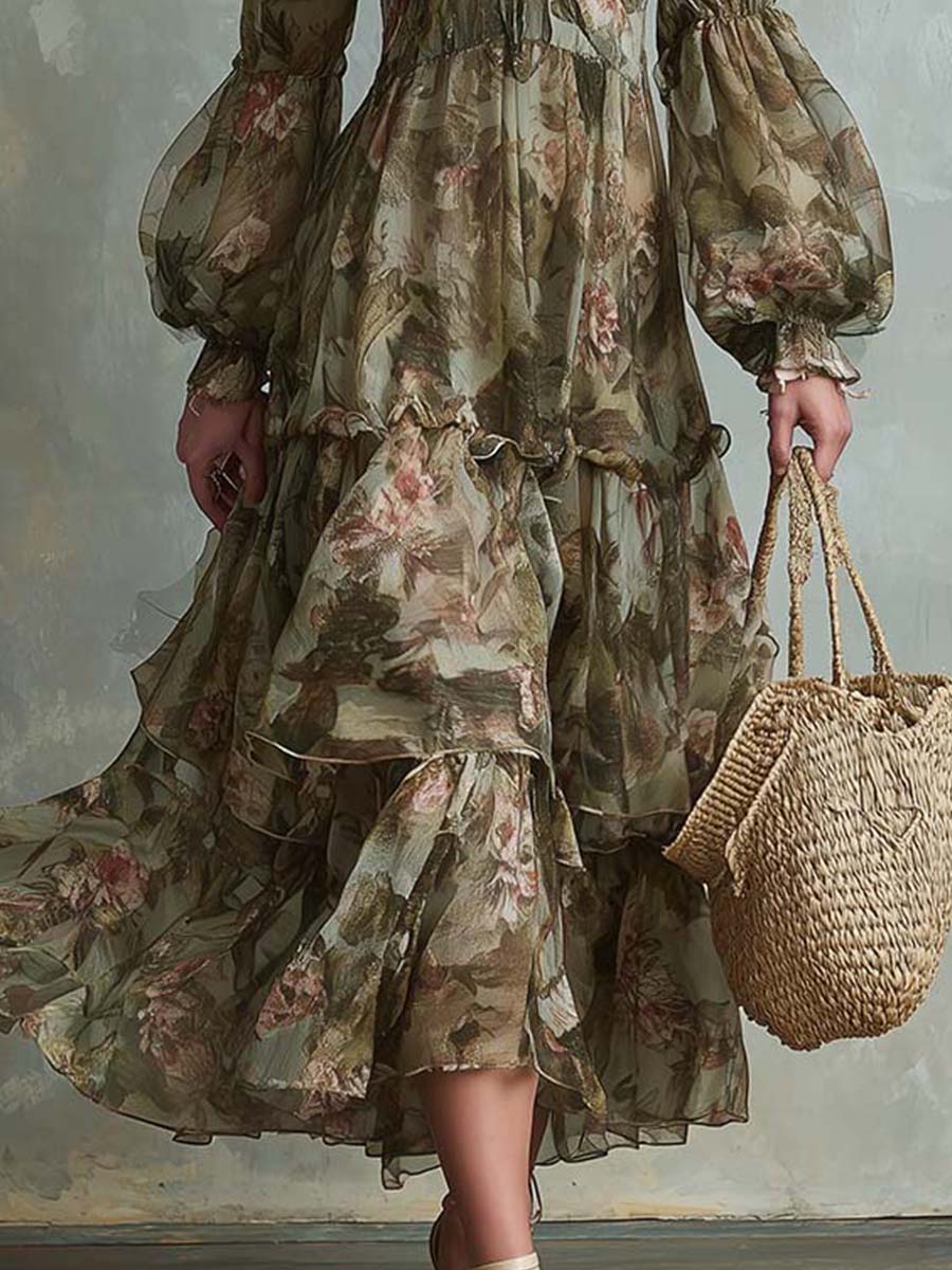 Vintage Floral Chiffon Long-Sleeve Tiered Midi Dress – BCSHARED