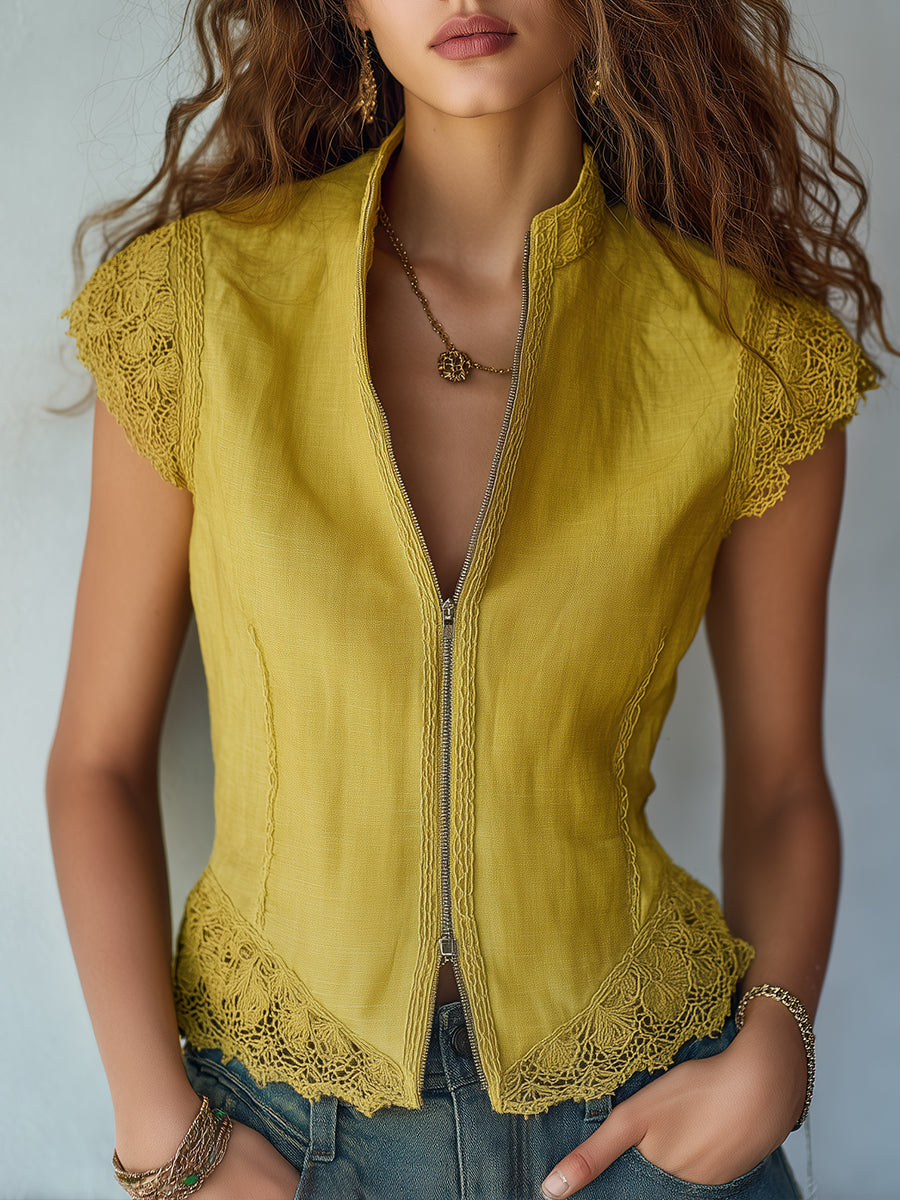 Retro Linen Blouse With Lace Trim And Front Zipper