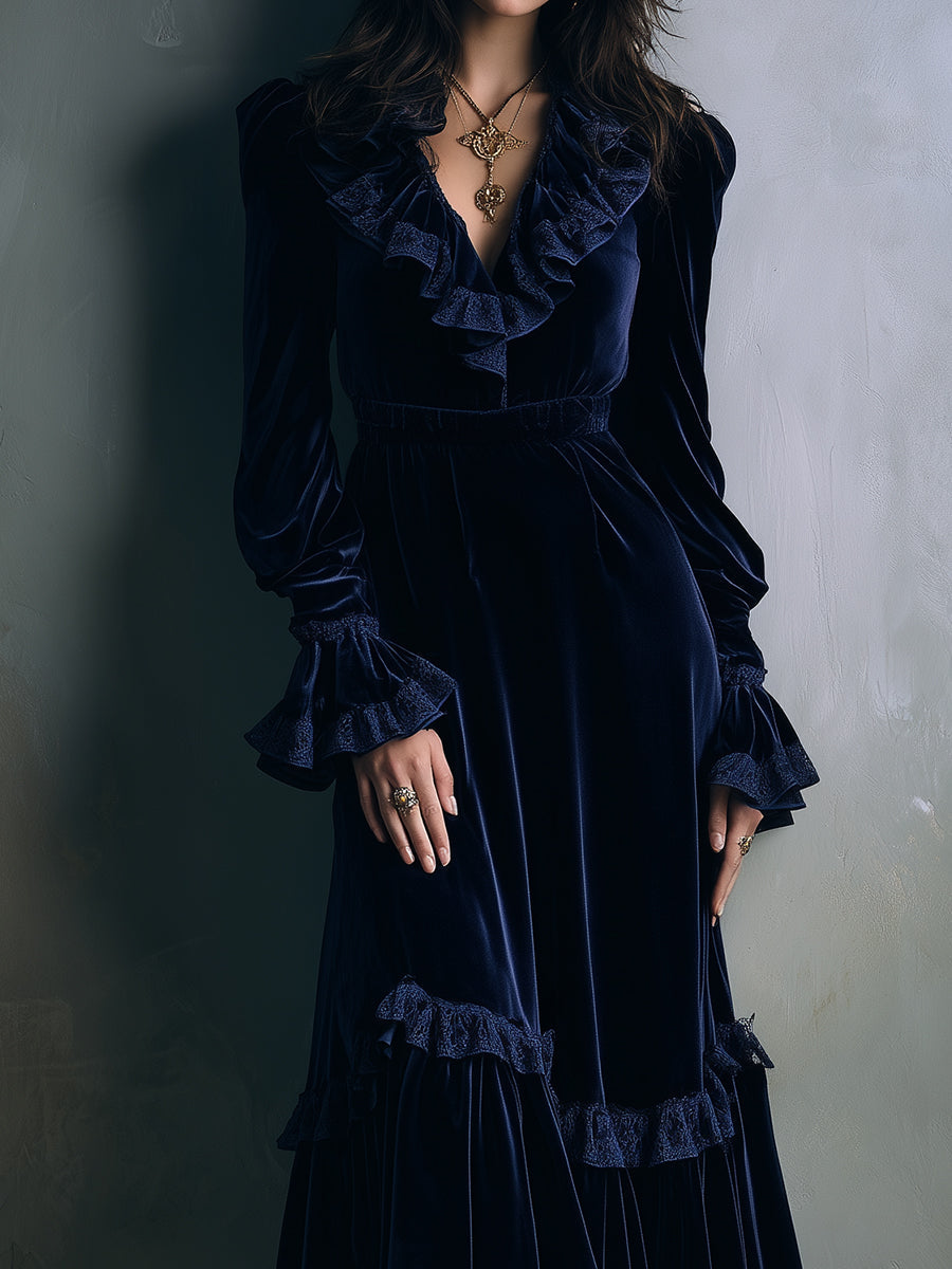 Retro Velvet Lace Ruffle Neckline Midi Dress