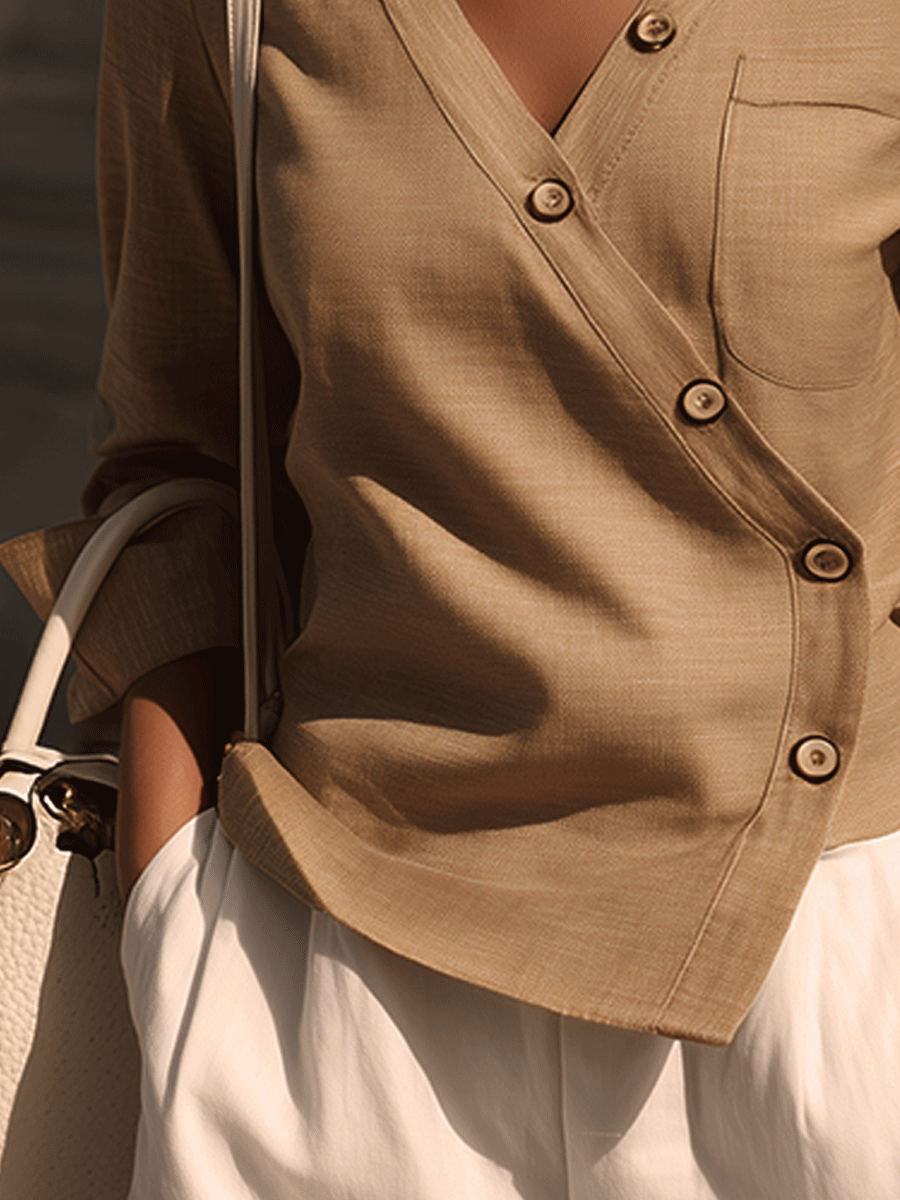 Urban Beige Minimalist Cross Asymmetric Button Shirt