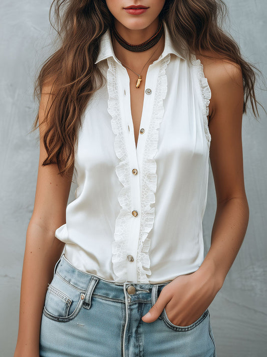 Retro White Lace Trim Sleeveless Ruffled Button-Down Blouse
