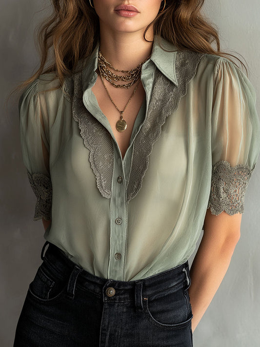 Vintage Sage Green Short Sleeve Sheer Lace Blouse