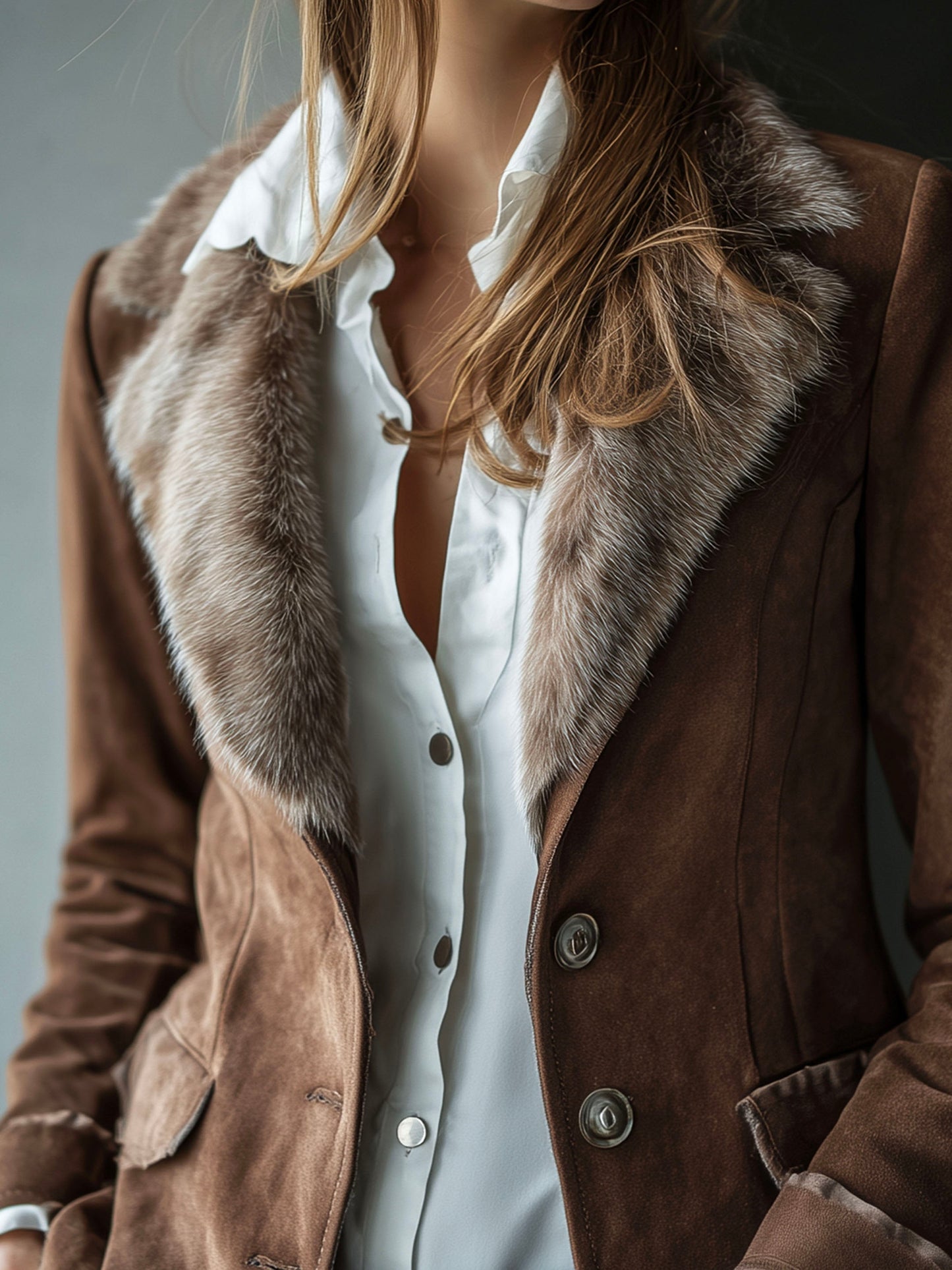 Vintage Brown Microsuede Eco Fur Collar Blazer