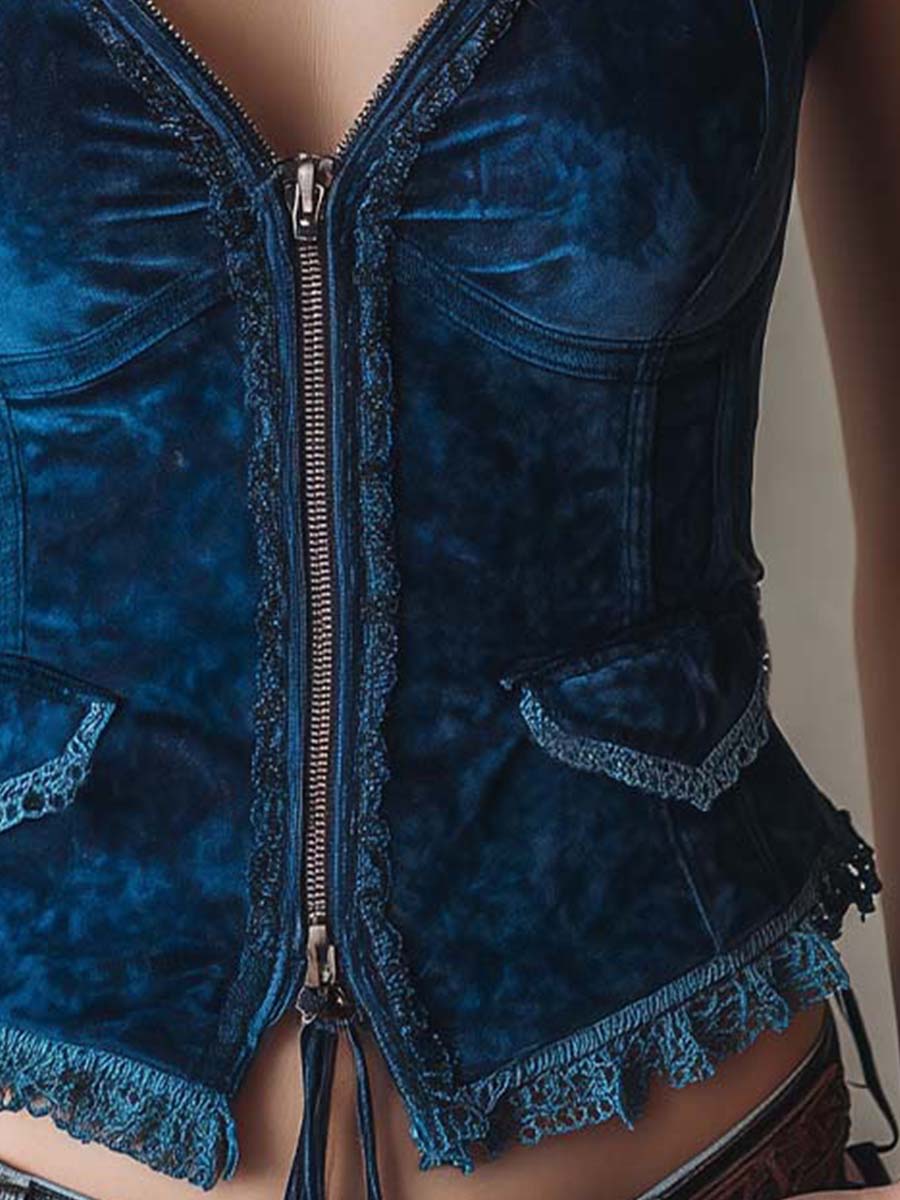 Royal Blue Zipper Bohemian Velvet Lace Corset Tank