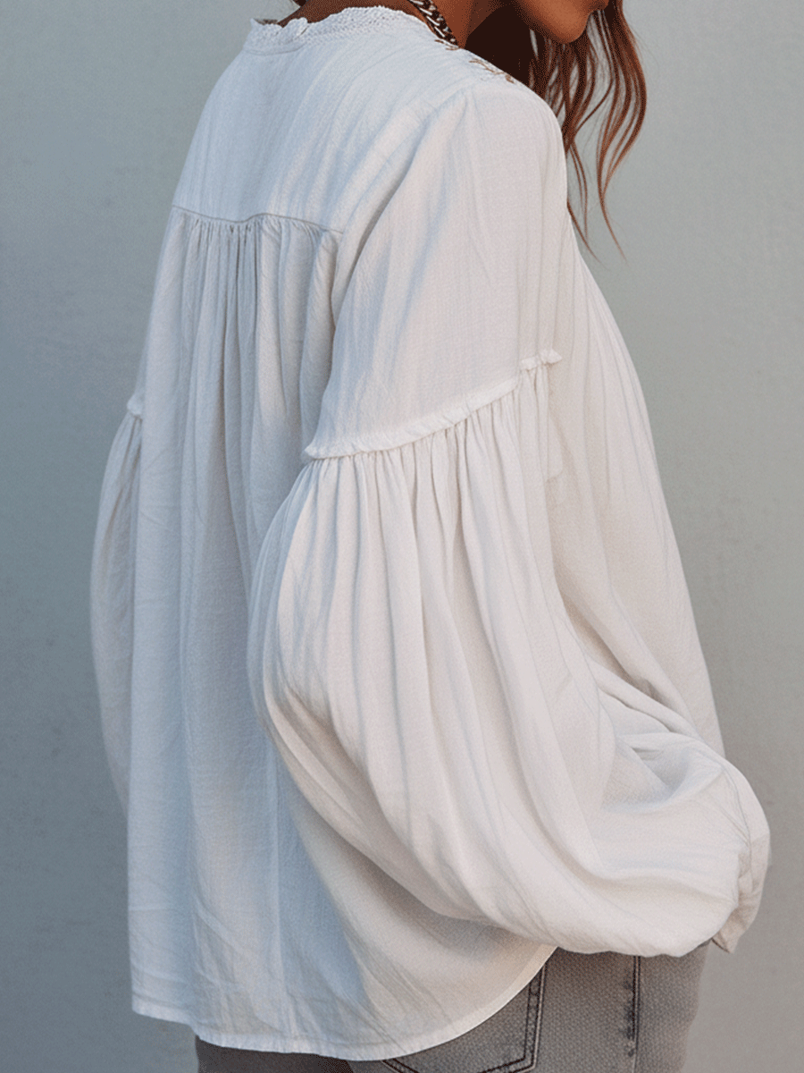 Boho White Embroidered Cotton Long Sleeve Blouse