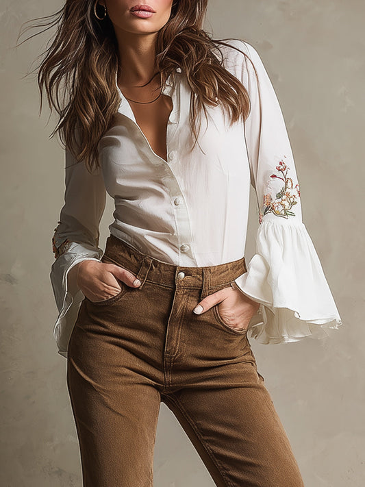 Vintage Cotton Blend Embroidered Bell Sleeves Blouse