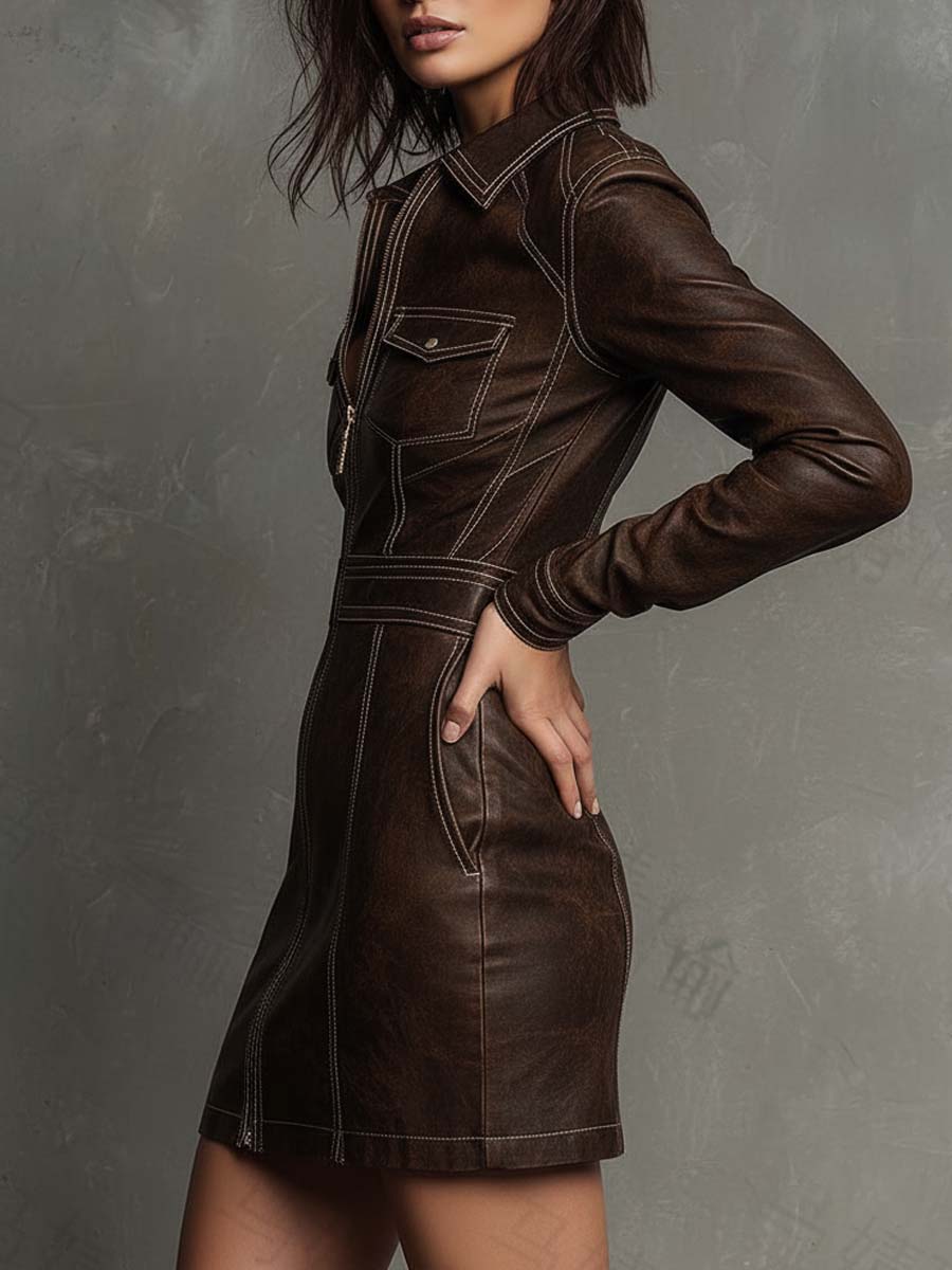 Western-Inspired Zip Front Eco-Leather Dress – Coffee Brown