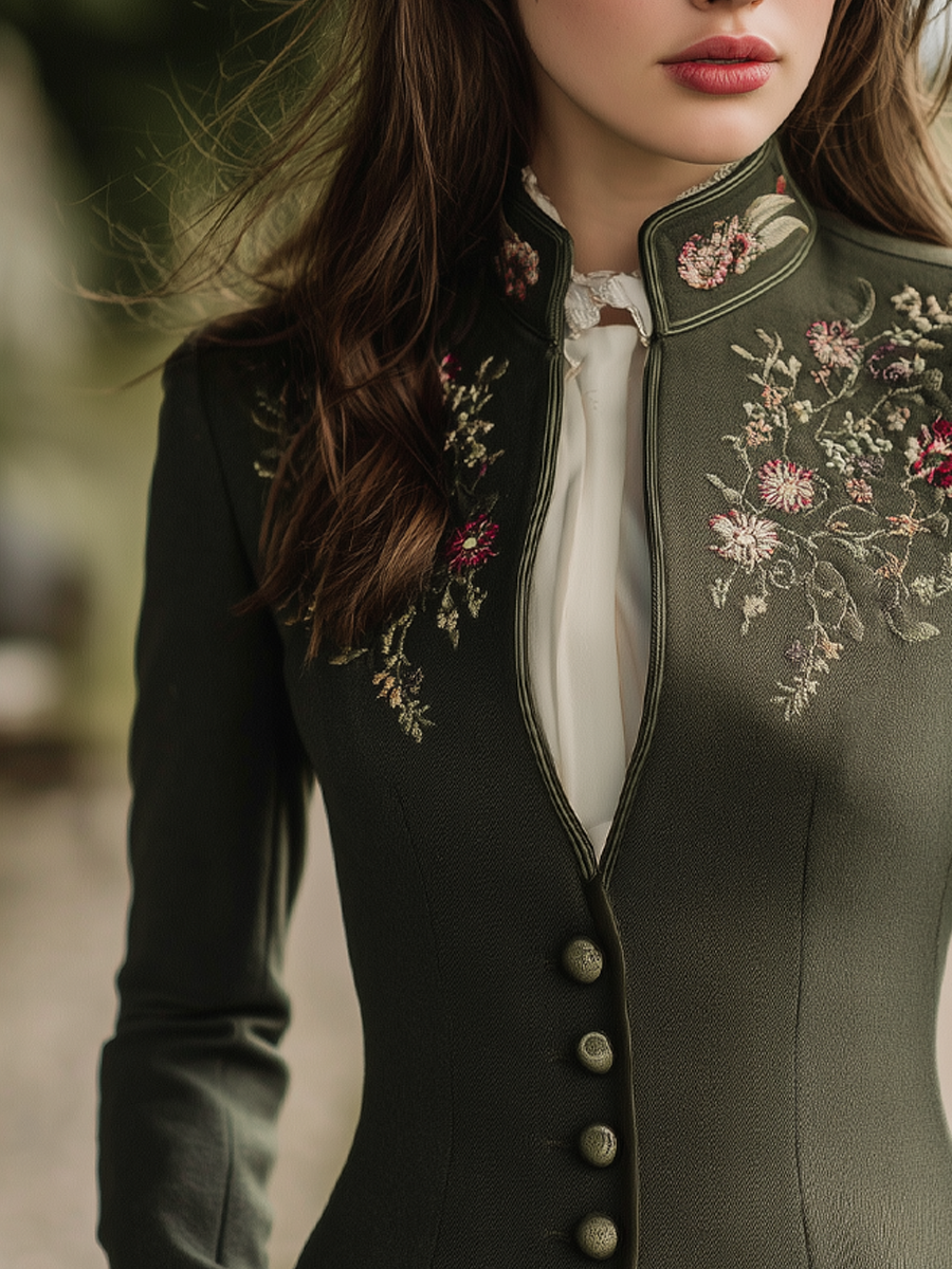 Vintage Floral Embroidered Stand Collar Jacket