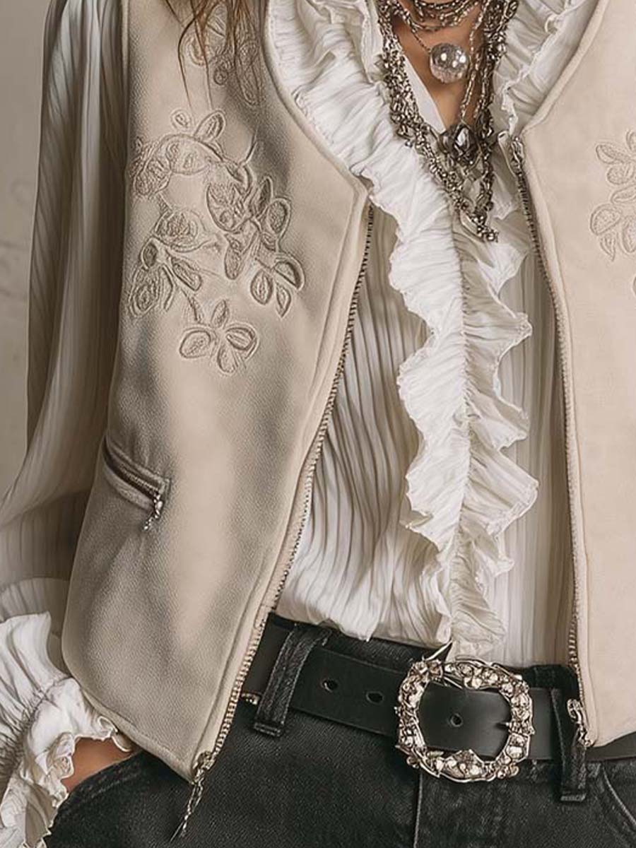 Ivory Quiet Luxury Bohemian Style Embroidered Suede Vest