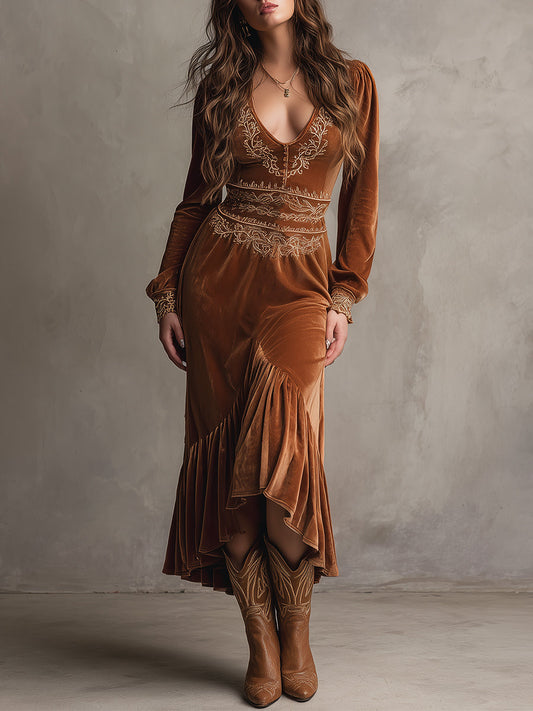 Retro Embroidered Ruffle Hem Velvet Midi Dress